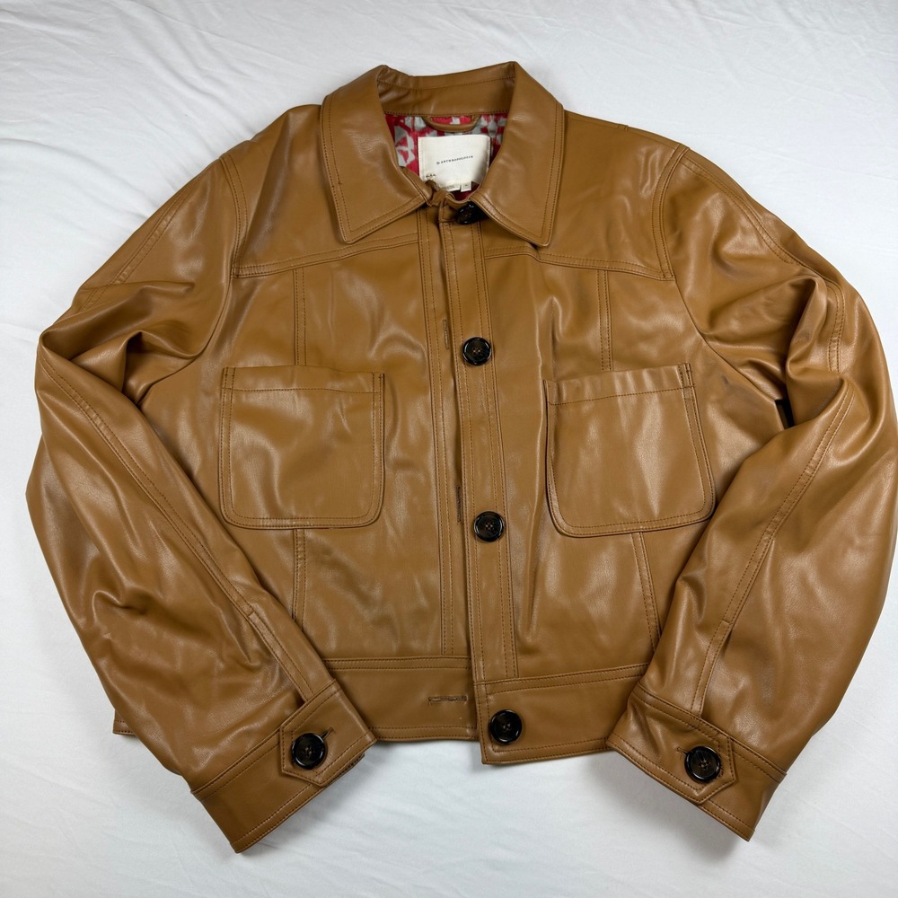 Anthropologie Faux Leather Jacket Tan Camel Button Front Ikat Lining XL